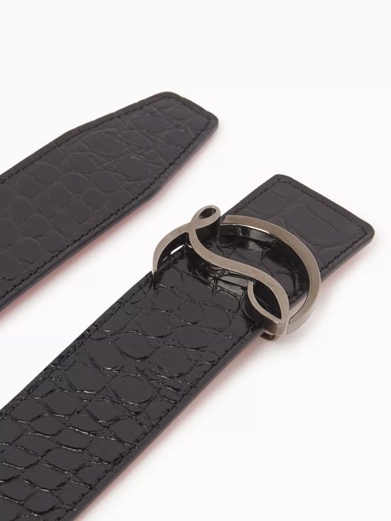 Christian Louboutin Black Croc-Embossed Leather Belt with Red Interior